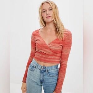 American Eagle Pink and Brown Plaid Fabric cropped deep V-neck sweater size med